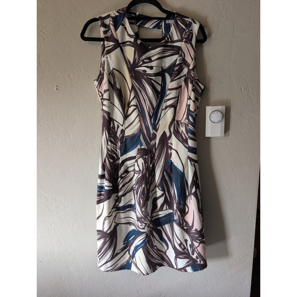 H&M Womens sz 10 Abstract Floral Sleeveless Shift Dress Blue Brown Pink